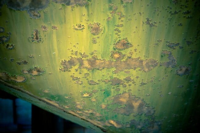 Close-up abstract of a rusted, lichen-covered green metal surface