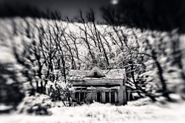 Black and white photo of a snow-covered abandoned farmhouse among bare trees