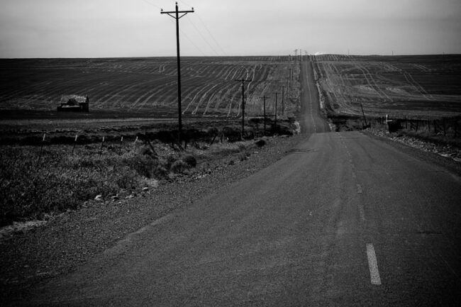 Black and white photo of a straight road receding into farmland with a utility pole