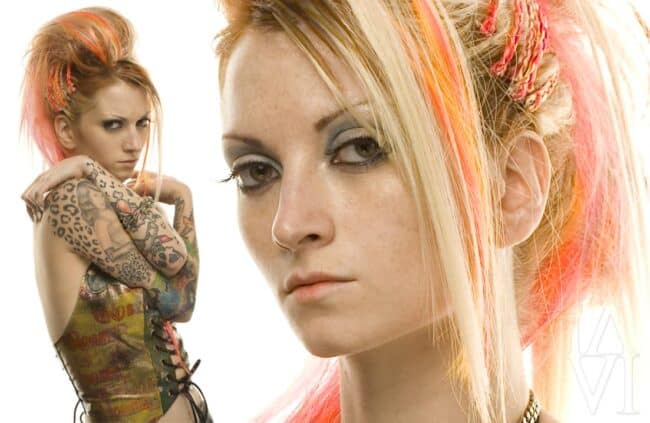 Two-image beauty portrait of a woman with pink and orange streaked hair and tattoos