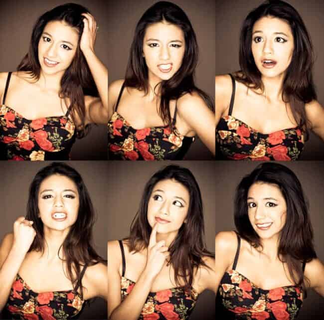 Six-panel grid of a woman making varied expressions in a floral top