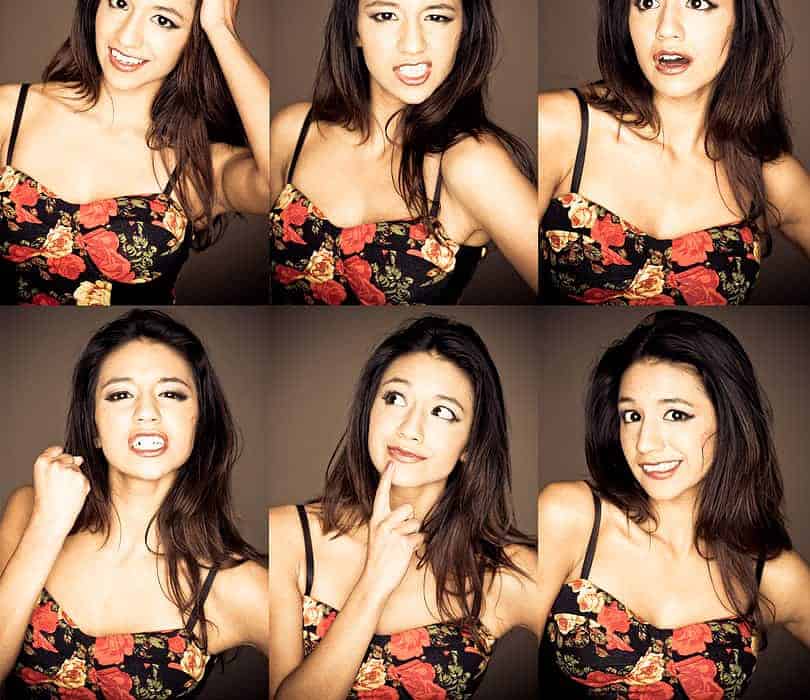Six-panel grid of a woman making varied expressions in a floral top