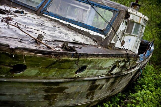 Bow of an abandoned wooden boat overgrown with moss and greenery