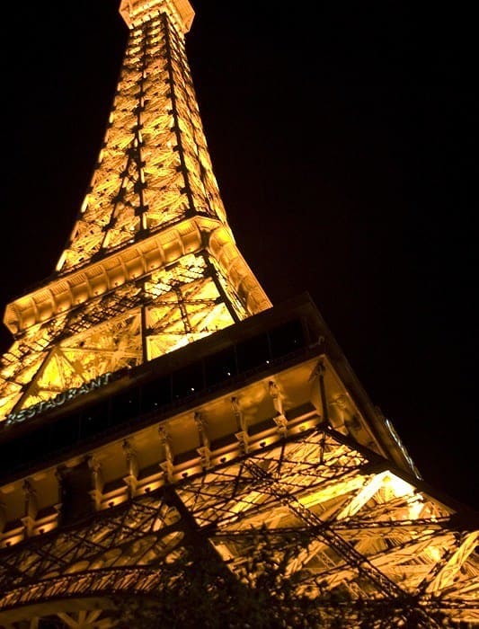 The Eiffel Tower replica at a Las Vegas hotel lit up at night