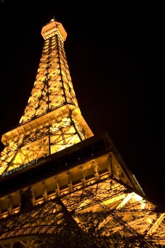 The Eiffel Tower replica at a Las Vegas hotel lit up at night