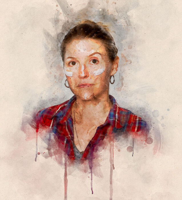 Watercolor-style portrait of a woman in a plaid shirt