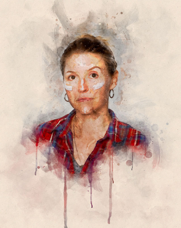 Watercolor-style portrait of a woman in a plaid shirt