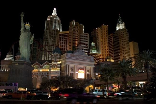 The New York-New York casino skyline lit up at night in Las Vegas