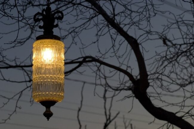 Ornate lantern glowing at dusk against bare tree branches