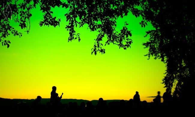 A silhouette of a crowd and a person playing guitar under overhanging tree branches, against a vivid green-yellow sunset sky
