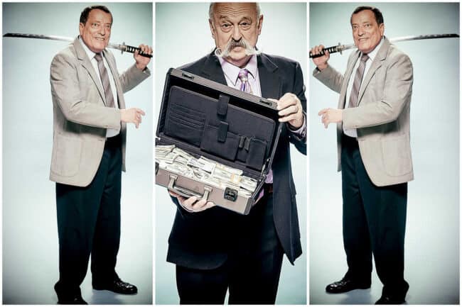 A three-panel humorous portrait of an older man in a suit holding a katana sword to his own throat, the center panel showing him opening a briefcase full of cash