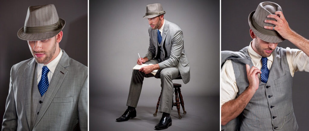 KBR-13 Three-panel triptych of a man in a gray pinstripe suit and fedora, writing while seated on a stool