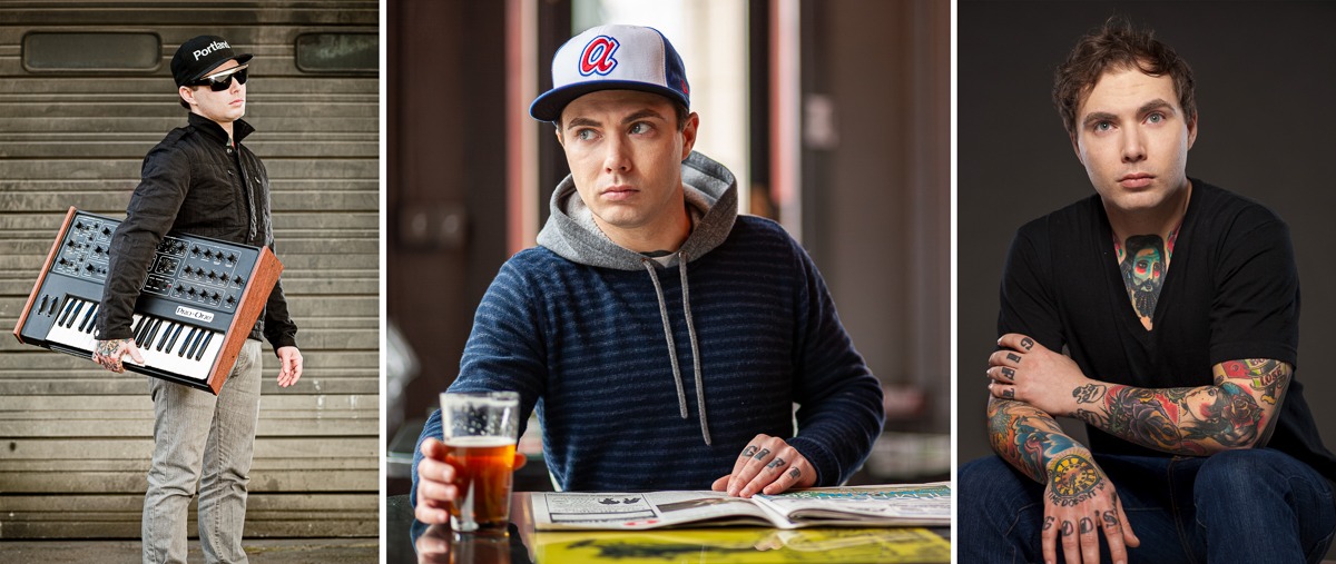 Triptych of a man in three looks: playing a synthesizer, casual in a ball cap with coffee, and a tattooed portrait, color