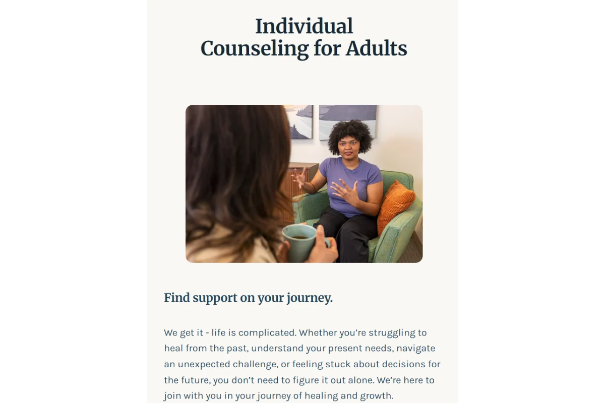 Mockup of a counseling website page showing a therapist and client in conversation, seated across from each other