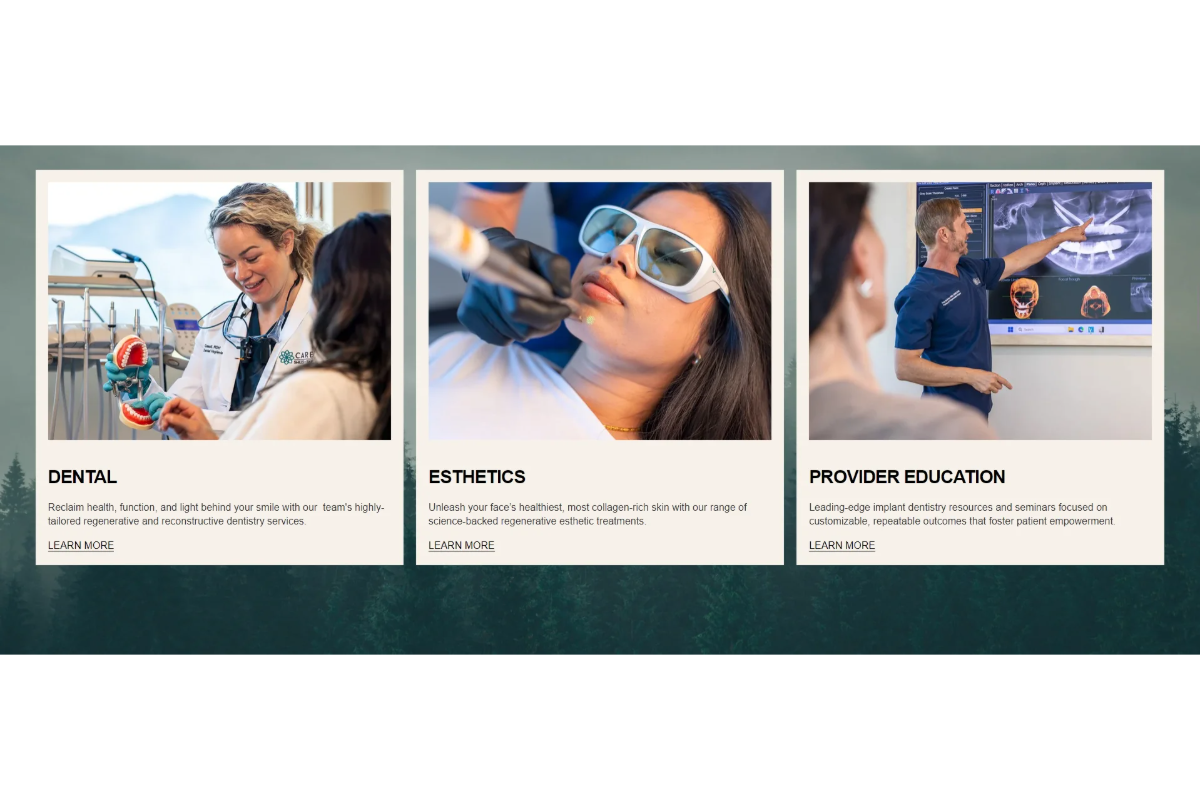 Three-panel mockup showing a dentist examining a patient's teeth, a person receiving an esthetics treatment, and a provider giving an educational presentation to their client