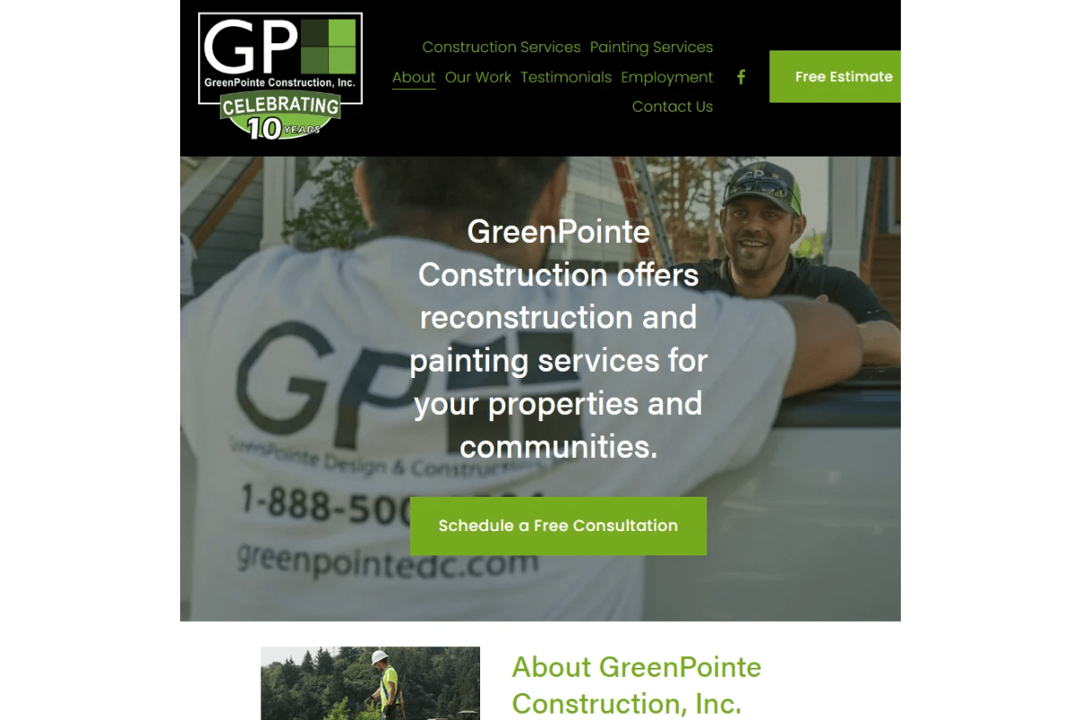 Mockup of GreenPointe Construction's website homepage, showing a construction worker in branded gear talking across a truck bed with their client; mockup includes the company's navigation menu and a call-to-action button