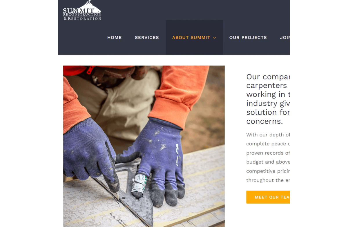 Mockup of Summit Reconstruction & Restoration's website 'About' page, showing a close-up of a Summit worker's gloved hands marking measurements on blueprints