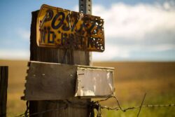 Weathered 'Posted No Hunting' sign nailed to a wooden fence post in an open field