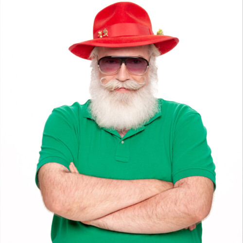 Three-panel triptych of a man dressed as Santa Claus, shown in and out of costume against a white background