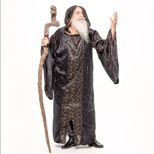 Three-panel triptych of an older man in a wizard costume with a staff, a snake prop, and a crystal ball, against a white background