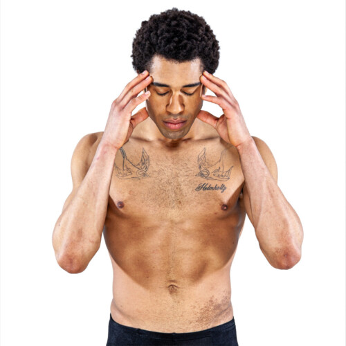 Three-panel triptych of a shirtless tattooed man in yoga poses, including triangle pose and a seated forehead-touch pose